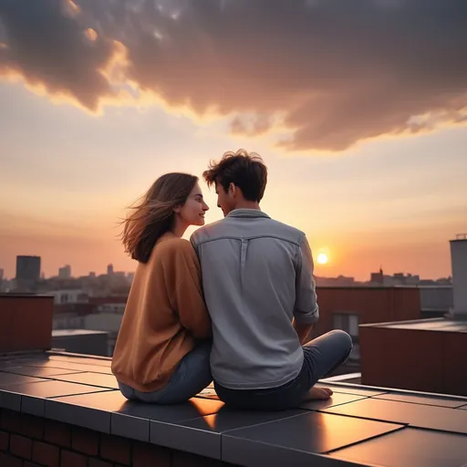 Prompt: Couple enjoying a sunset on a rooftop, realistic photo style, romantic and serene.
