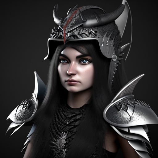 Prompt: adorable cartoon style, Close-up: A beautiful female warrior with long hair wearing a black dragon head helmet, armor, and gleaming black scales., 3d render cartoon