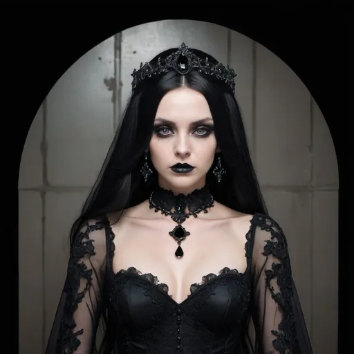 Prompt: Man and woman wearing black gothic clothing. Woman is wearing a beautiful black wedding dress. Adorned with black jewels in her hair and her face. The man is wearing all black, with beautiful long black hair.