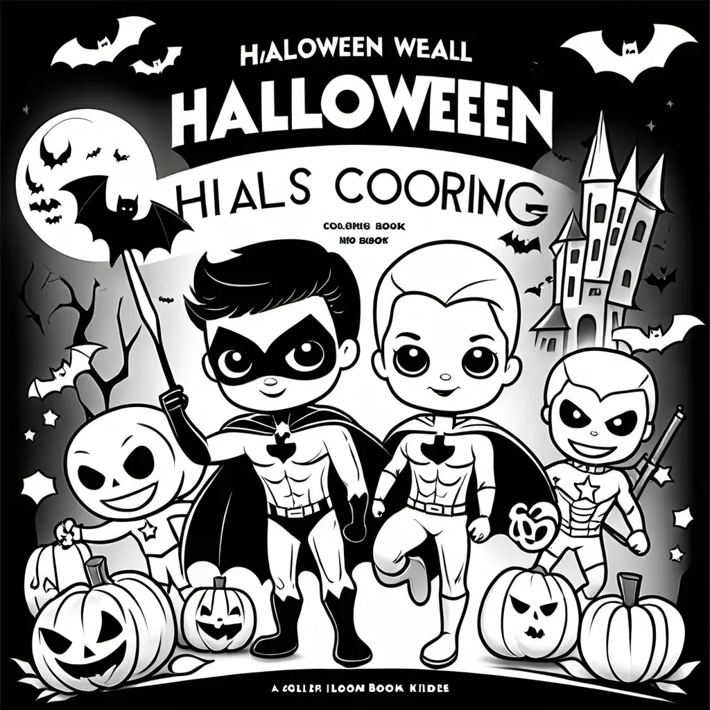 Prompt: A book cover image for a Halloween coloring book for kids with superhero's in black and white drawing