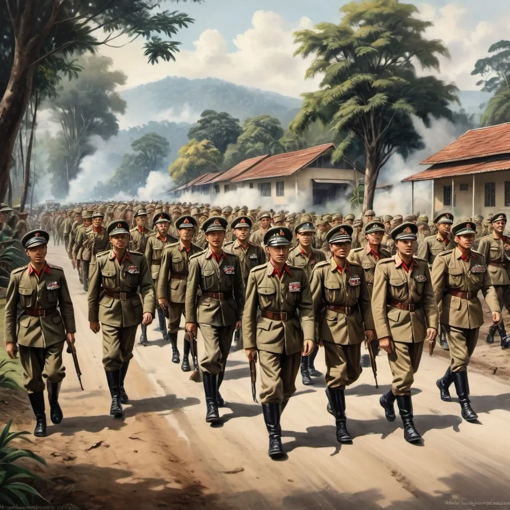 Prompt: Historical illustration of Allied Forces led by General Hawtorn entering Bandung on 12th October 1945, NICA troops led by Captain Gray accompanying, vintage oil painting, detailed uniforms, realistic portrayal, wartime atmosphere, high quality, oil painting, historical, vintage, detailed uniforms, war, realistic, atmospheric lighting, historical setting