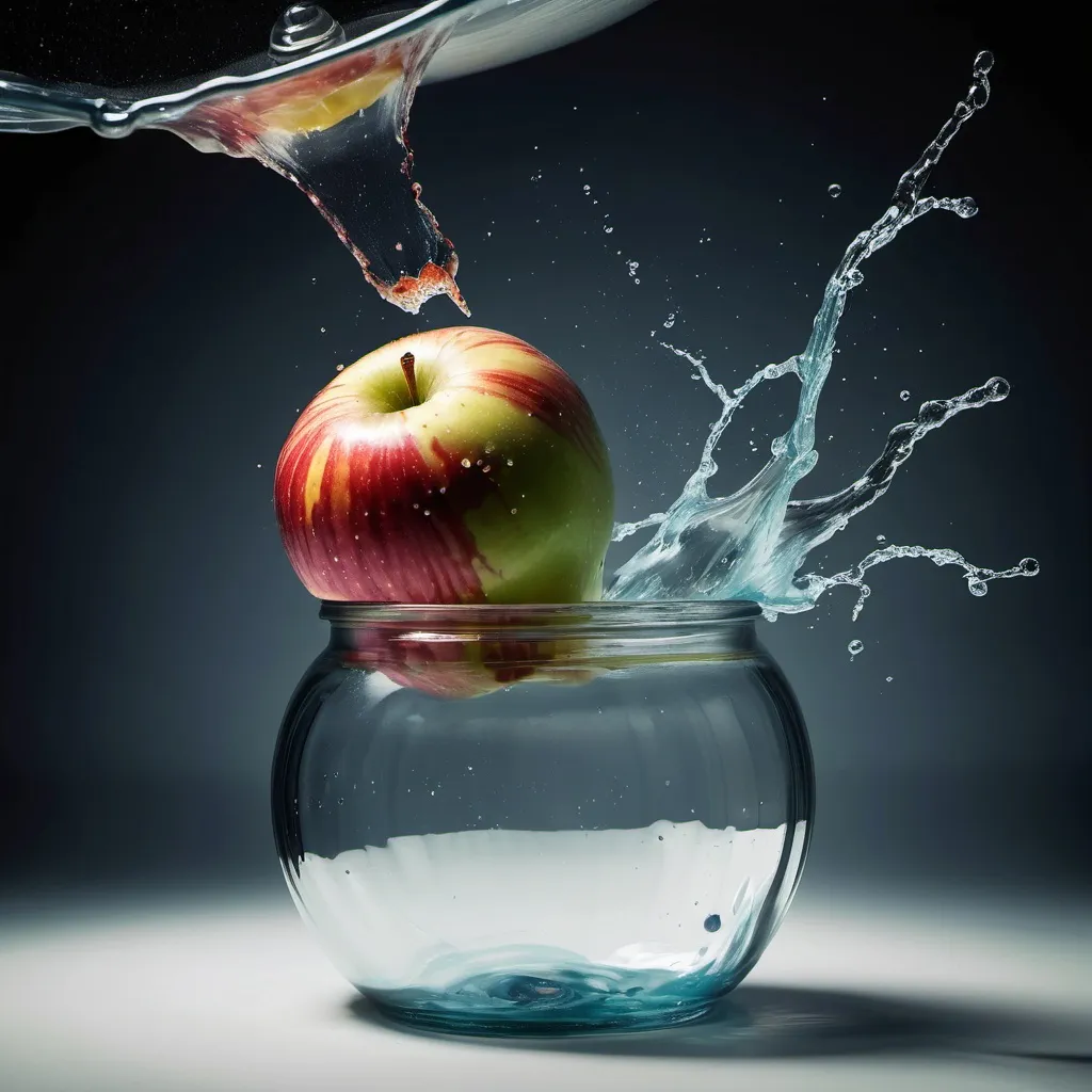 Prompt: An apple fruit falling through a vicious fluid in a jar