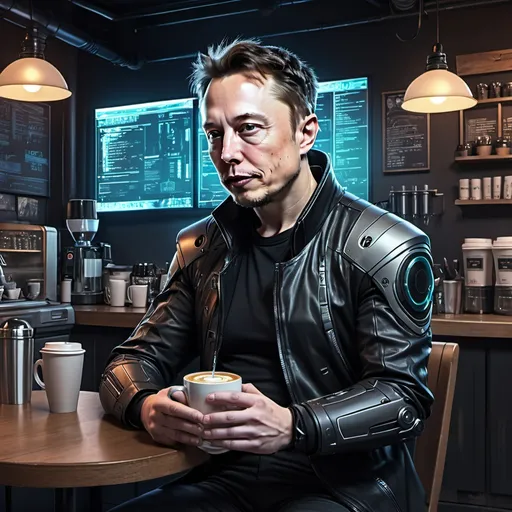 Prompt: Anime cyberpunk stay elon musk in coffee shop, highly detailed, HD, dark background