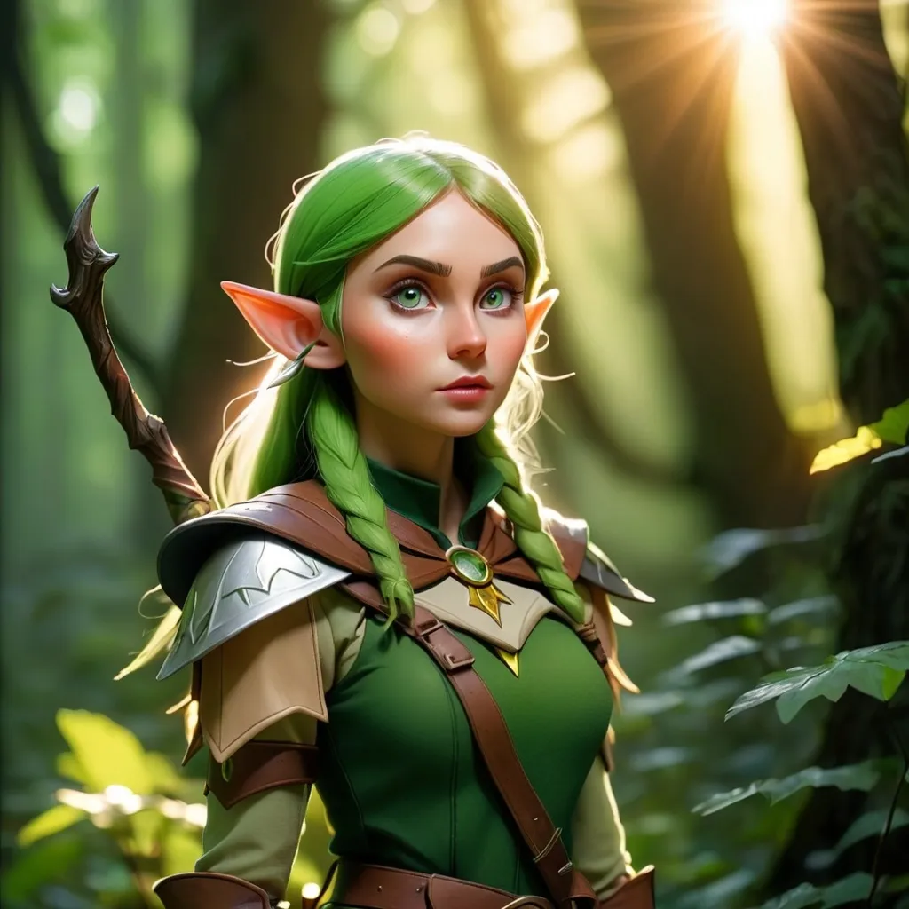 Prompt: Elf ranger in a mystical forest around sunlight