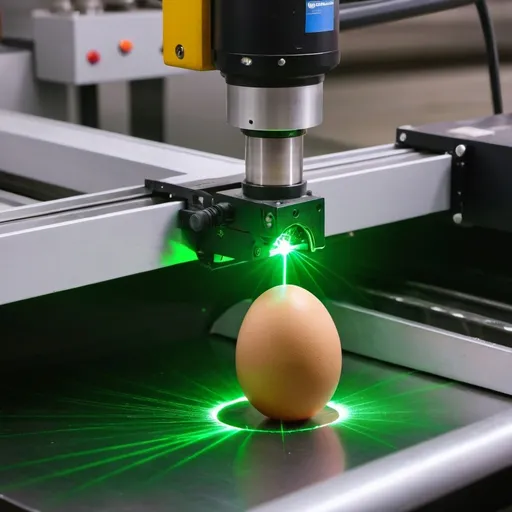 Prompt: Laser with green beam cutting open an egg in factory