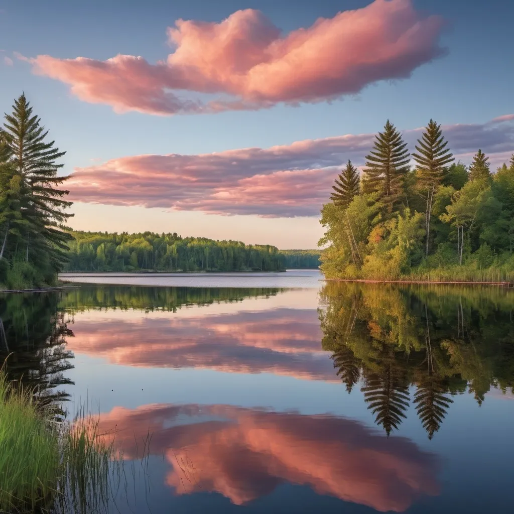 Prompt: Design an image to be printed on a t-shirt. I would like a landscape of Lake Kaminiskeg in Ontario Canada that would look nice on a shirt. 