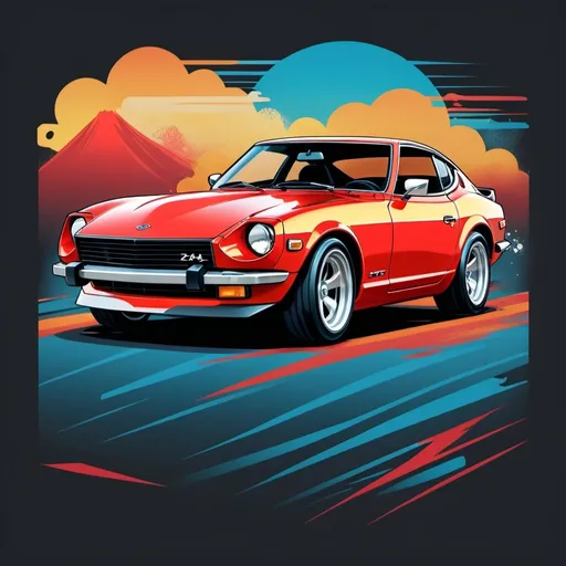 Prompt: Design an image to be printed on a t-shirt of a datsun 240z
 