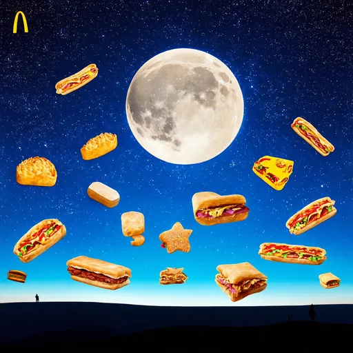 Prompt: the nights starry sky but the stars are all fast food and the moon is a pie