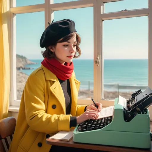 Prompt: (beautiful woman), short brown hair, wearing a black beret, red scarf, yellow coat, writing with a mint green typewriter, gazing out the window, picturesque seaside view, (sunny skies), gentle waves rhythmically moving, cozy ambiance, warm lighting, pastel color palette, ultra-detailed, vibrant surroundings, serene mood, high-quality HD.