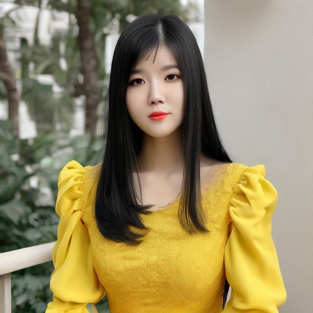 Prompt: A lady with yellow dress and long sleeve black hair 