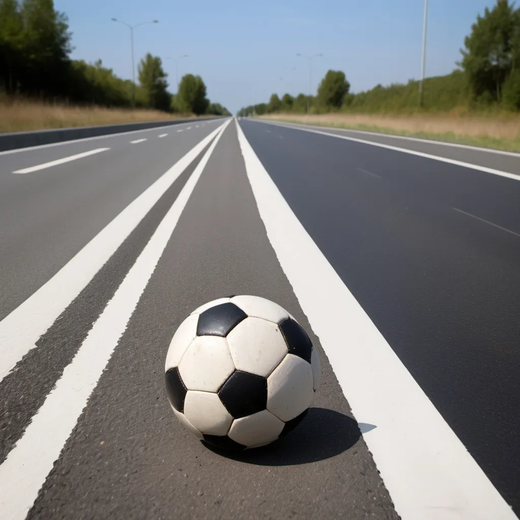 Prompt: A ball (soccer ball) on a highway made of tarmac with a white line in the middleof the road. Need to see the end of the road in the background and also the horizon.