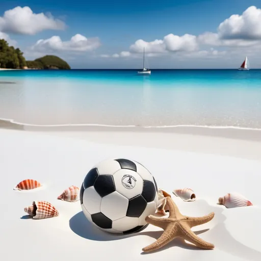 Prompt: A ball (soccer ball) on a white sandy beach, with some shells and crabls around the ball.
Need to see the a blue lagoon in the background and a fishing boat with sails.