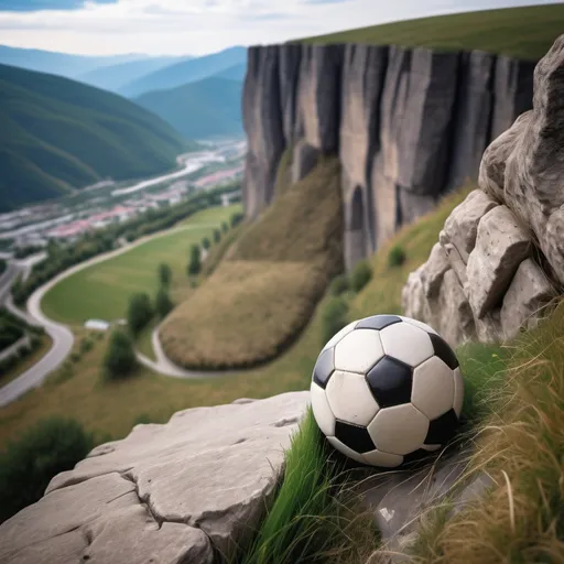 Prompt: A ball (soccer ball) on the edge of a cliff in the mountains, with a bit of grass under the ball and rocks.
Need to see mountains in the background and canion.