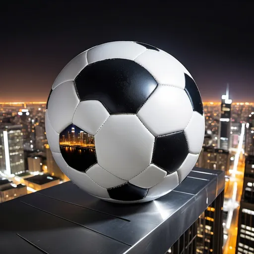 Prompt: A ball (soccer ball) on top of a skyscraper and on the edge, overlooking a city by night. 
Need to see the soccer ball on a steel beam extending over the void and on the edge.