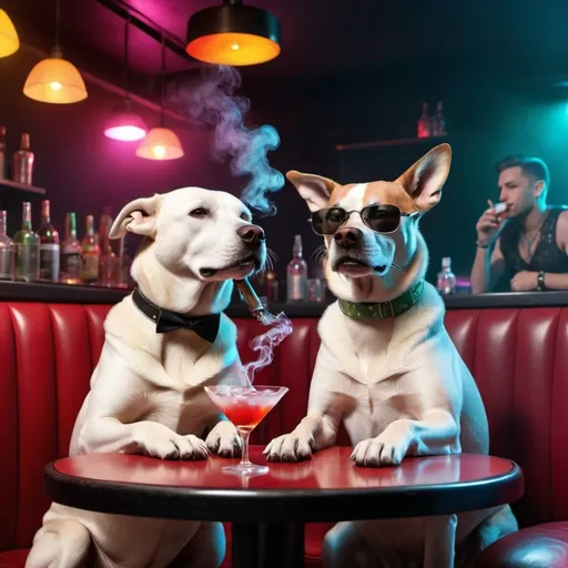 Prompt: dogs smoking weed and drinking martinis in a night club gay scene