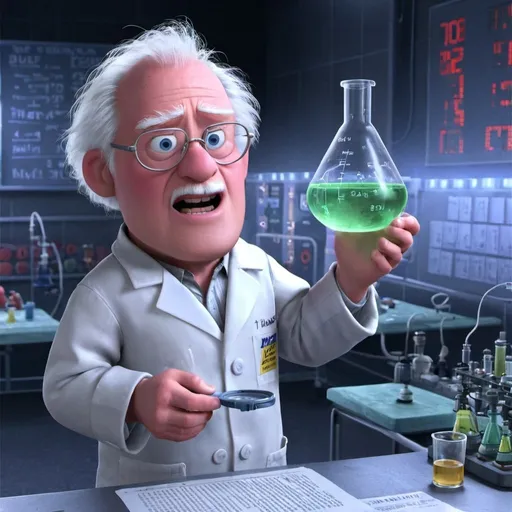 Prompt: give me a mad scientist working in his lab (back to the future theme) . have formulas written on around . have beakers and lab equipment