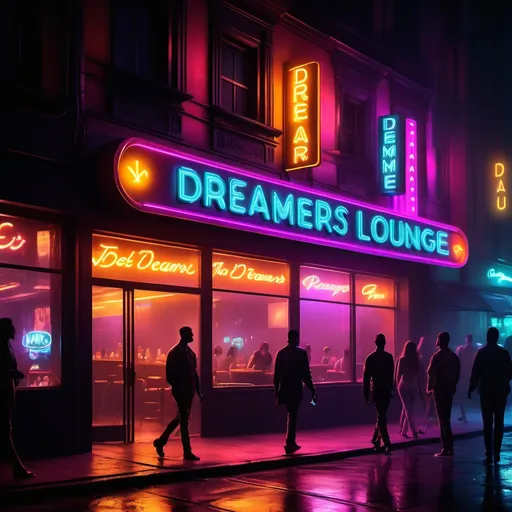 Prompt: (neon sign "The Dreamers Lounge"), vibrant colors, (sensual ambiance), outside view of a bustling nightclub, smooth silhouettes of people walking by, dreamy haze in the air, warm lighting creating an inviting glow, lively atmosphere, reflections in wet pavement, enticing visuals, allure and mystery surrounding the entrance, ultra-detailed, cinematic, nightlife ambiance.