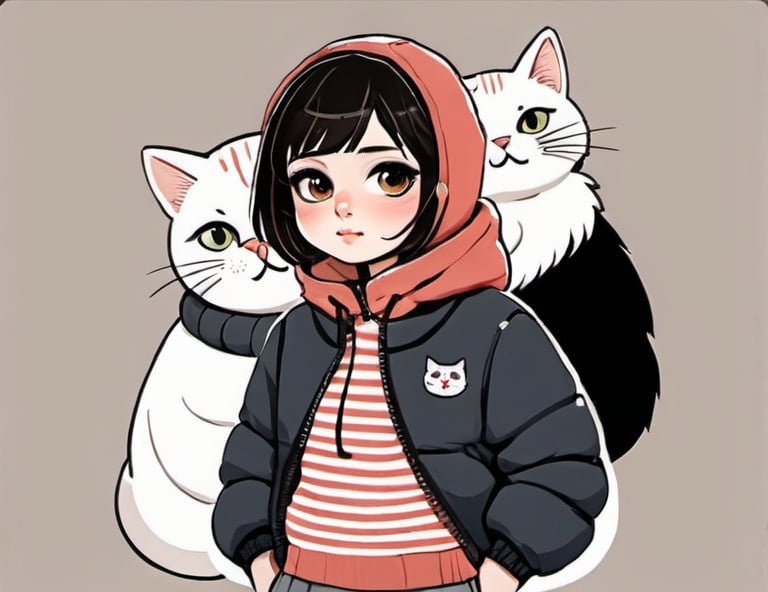 Prompt: A girl of two Persian Iranian Japanese stripes with short hair, a top with a cat design, and a puffy jacket