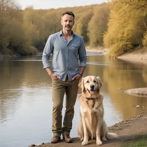 Prompt: mildly attractive 40 year old male, white, standing by a river with a golden retriever 