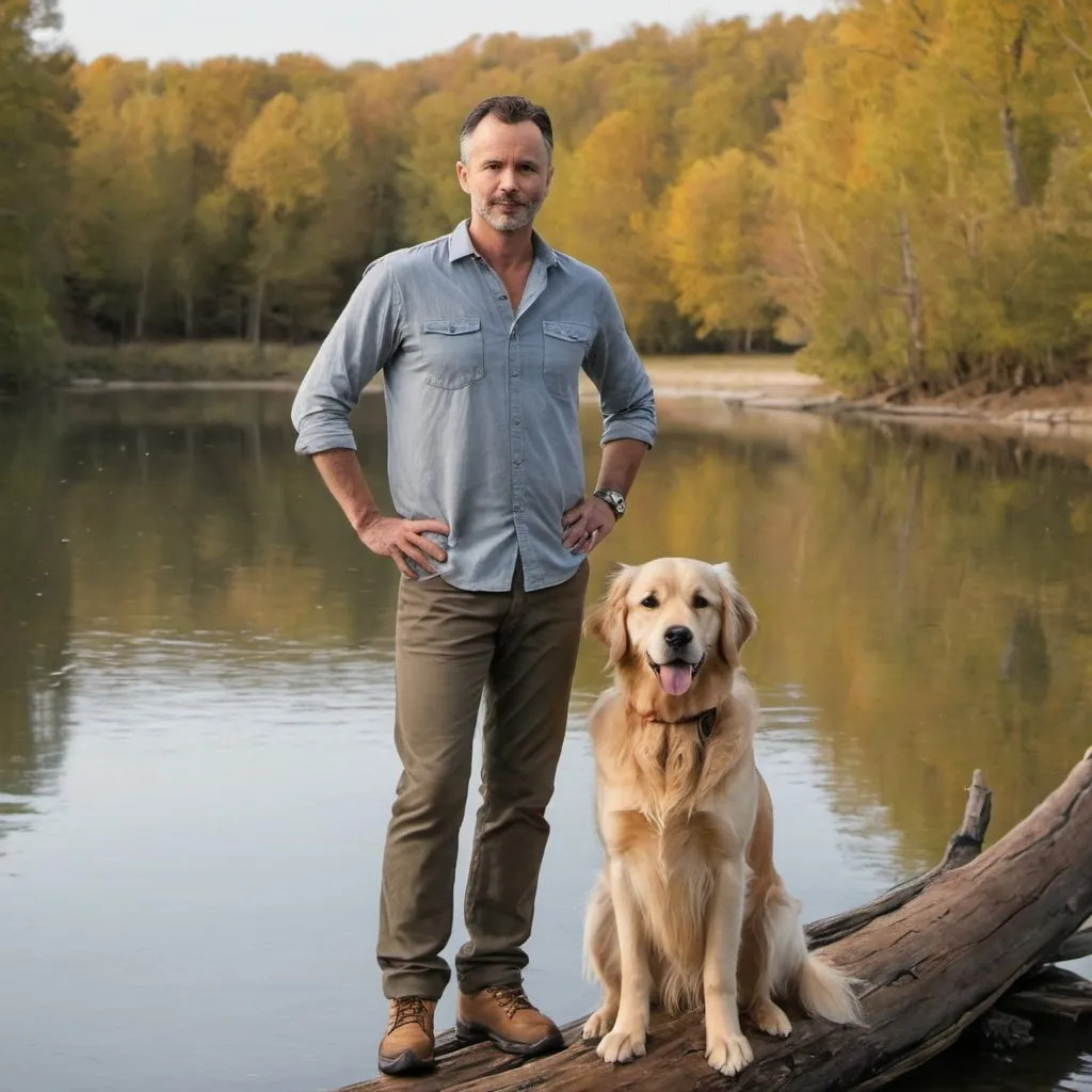 Prompt: mildly attractive 40 year old male, white, standing on a log with a golden retriever 