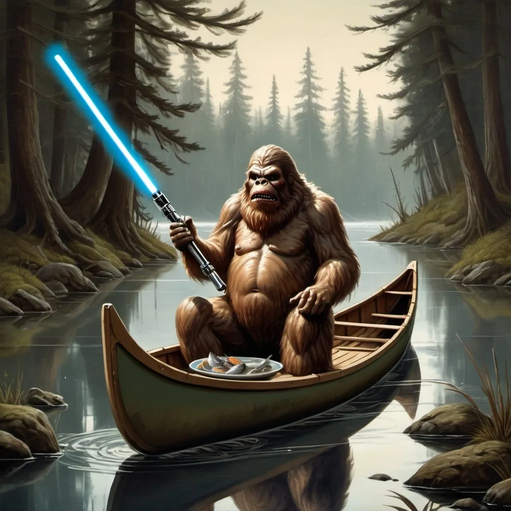 Prompt: bigfoot cyborg hybrid in a canoe holding a light saber fishing pole and eating fish.  17th century style painting.

