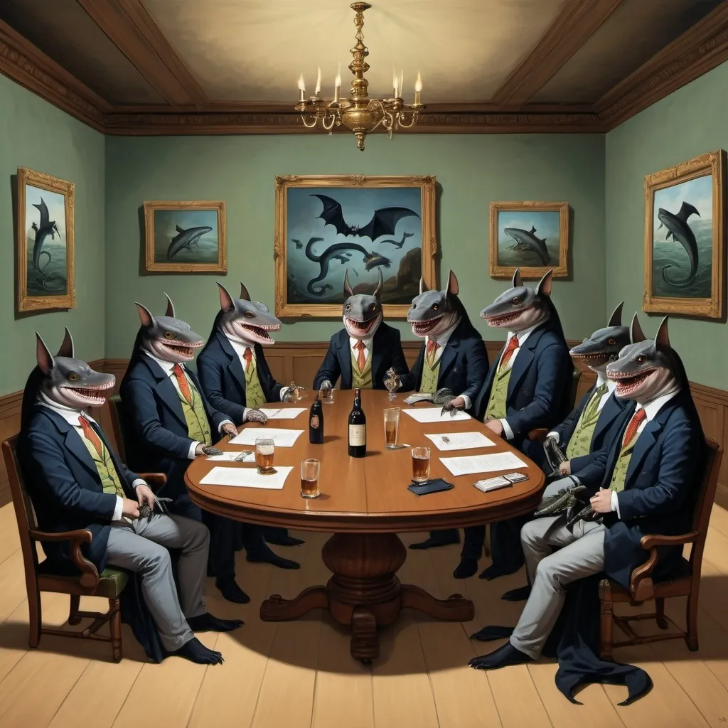 Prompt: bat meeting in a conference room with liquor bats and lizards wearing suits sharks at their feet snakes in their hair 17th century style painting.