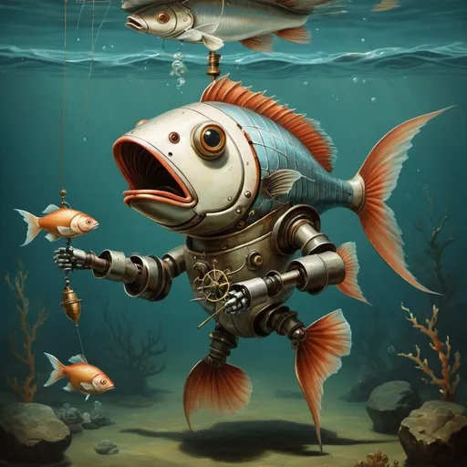 Prompt: Robot fish hybrid professor underwater holding a fishing spinner.  17th century style painting