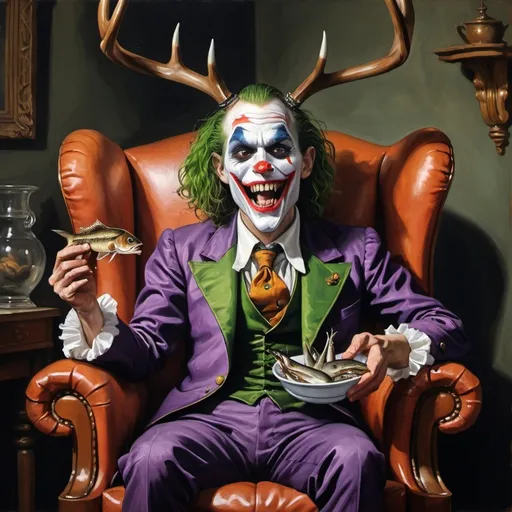 Prompt: Joker fish man hybrid with giant fangs and deer antlers eating minnows out of a bowl on a recliner. 17th century style painting.