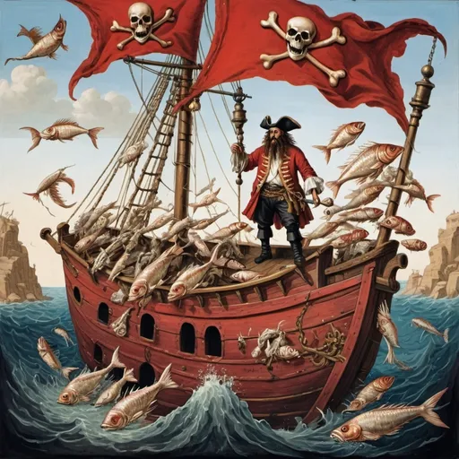 Prompt: pirate fish man hybrids on a pirate ship made of fish and bones sailing a red sea.  17th century style painting.