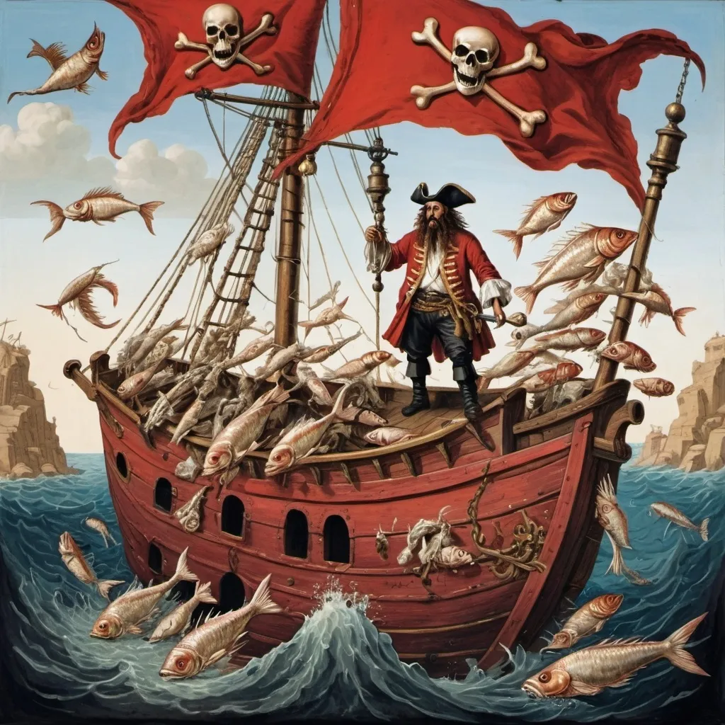 Prompt: pirate fish man hybrids on a pirate ship made of fish and bones sailing a red sea.  17th century style painting.