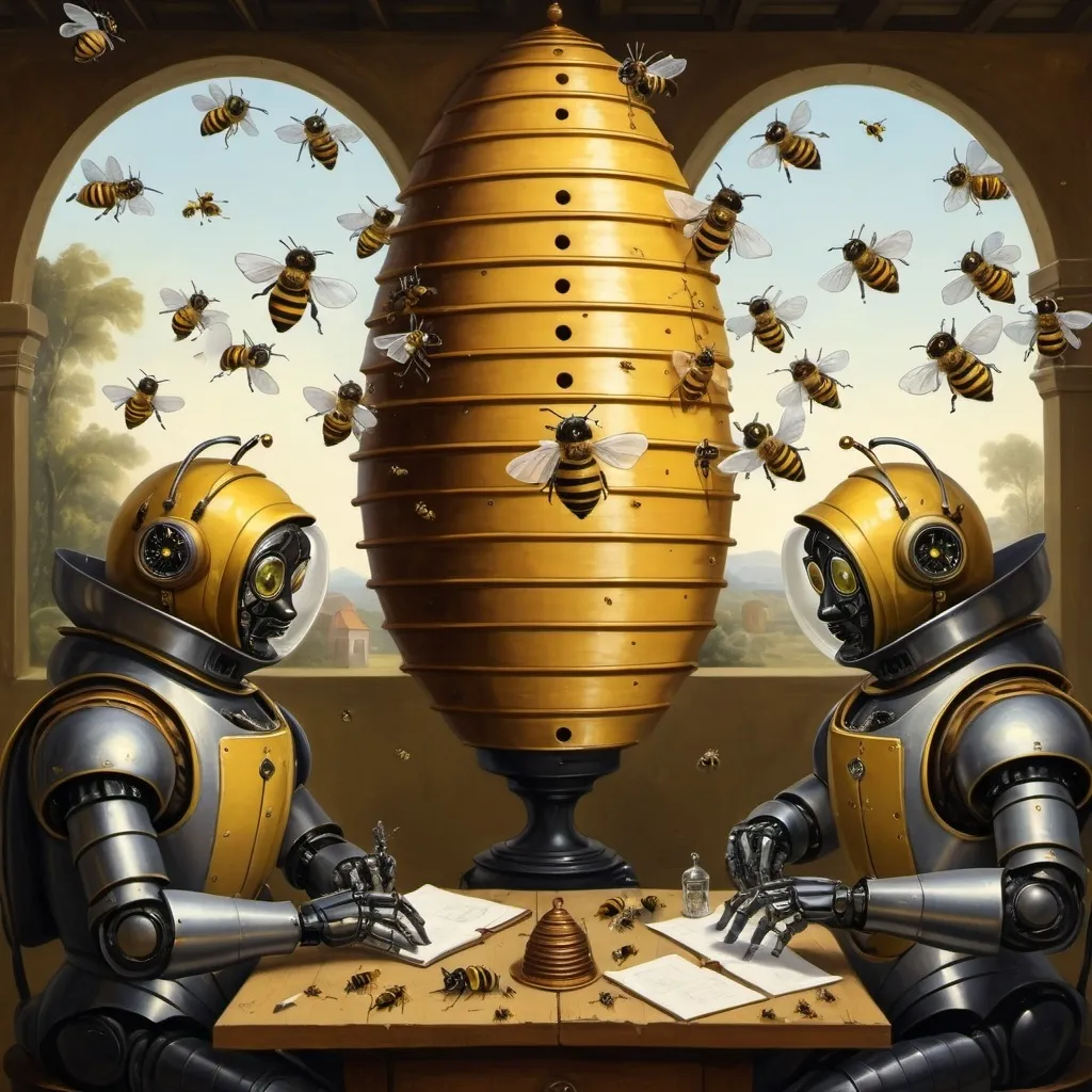 Prompt: watch time piece clock aristocrat hybrid robots having a meeting in a bee hive. 17th century style painting.