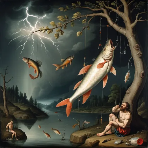 Prompt: fish/man hybrid hanging from his feet in a tree while fishing with lures. lightning and a river.  bears and wolves and a clown. 17th century style painting
