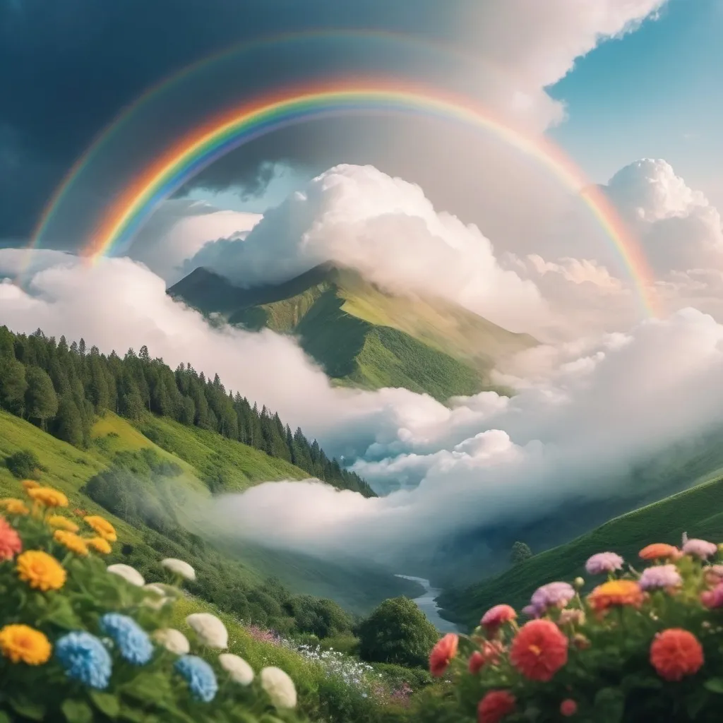 Prompt: create a YouTube video cover with a majestic dynamic background with a blueish white cloud feeling of early morning and a beautiful area cover rainbow with full of greenery and flowers