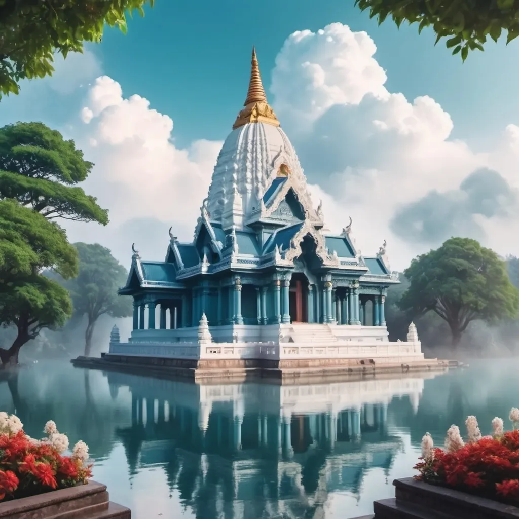 Prompt: create a YouTube video cover with a majestic dynamic background with a blueish white cloud feeling of early morning and a beautiful temple cover with full of greenery and flowers