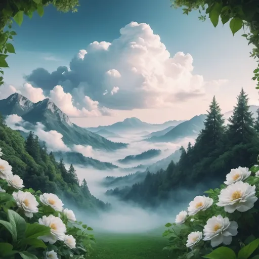 Prompt: create a YouTube video cover with a majestic dynamic background with a blueish white cloud feeling of early morning and a beautiful area cover with full of greenery and flowers