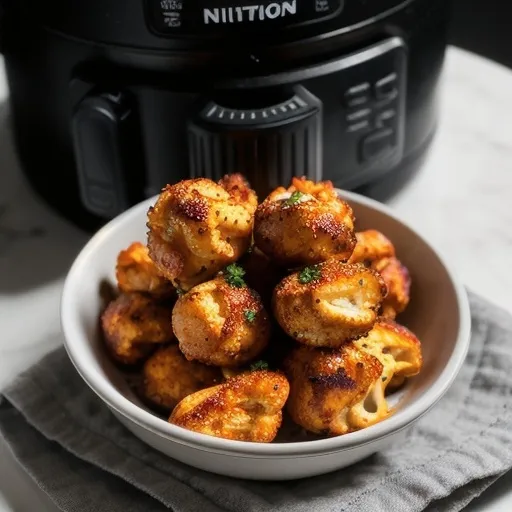 Prompt: close-up dslr food photography view from top  nikon z7 Buffalo Cauliflower  in black air fryer modern box  kitchen table hyper detailed hyper realistic cinematic light