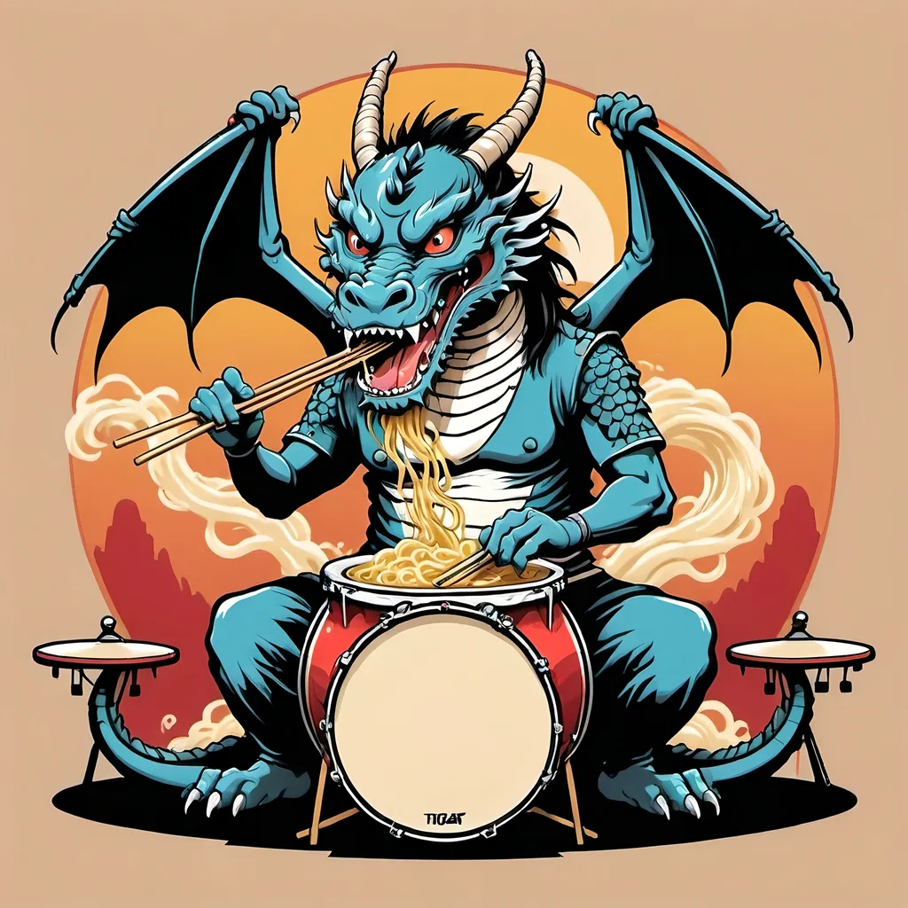 Prompt: A Retro-Style Japanese Dragon Eating Ramen noodles off of a snare drum on a drum kit on stage in a serene asian coliseum