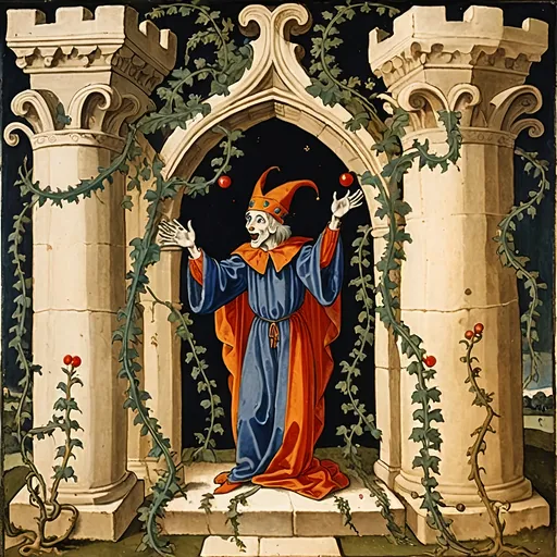 Prompt: Early medieval painting of a lonely jester about to receive his fate from the gods above in the garden of eden, which has huge limestone structures everywhere with vines draping down all over