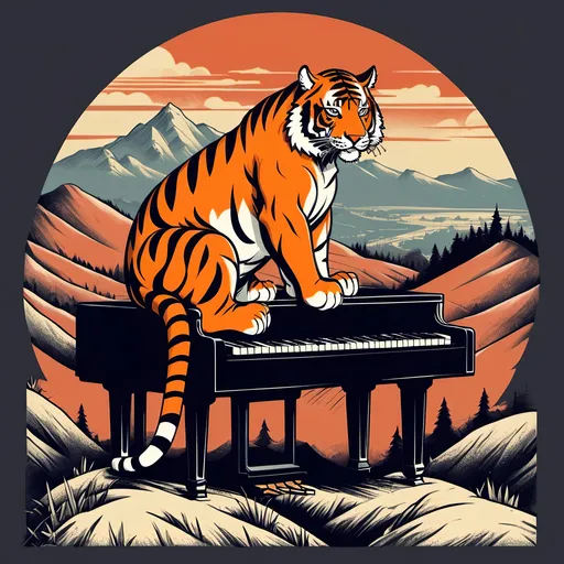 Prompt: A Retro-Style tiger sitting 10 feet away from a piano, he's not playing the piano,  looking over a valley from a lookout on a mountain peak