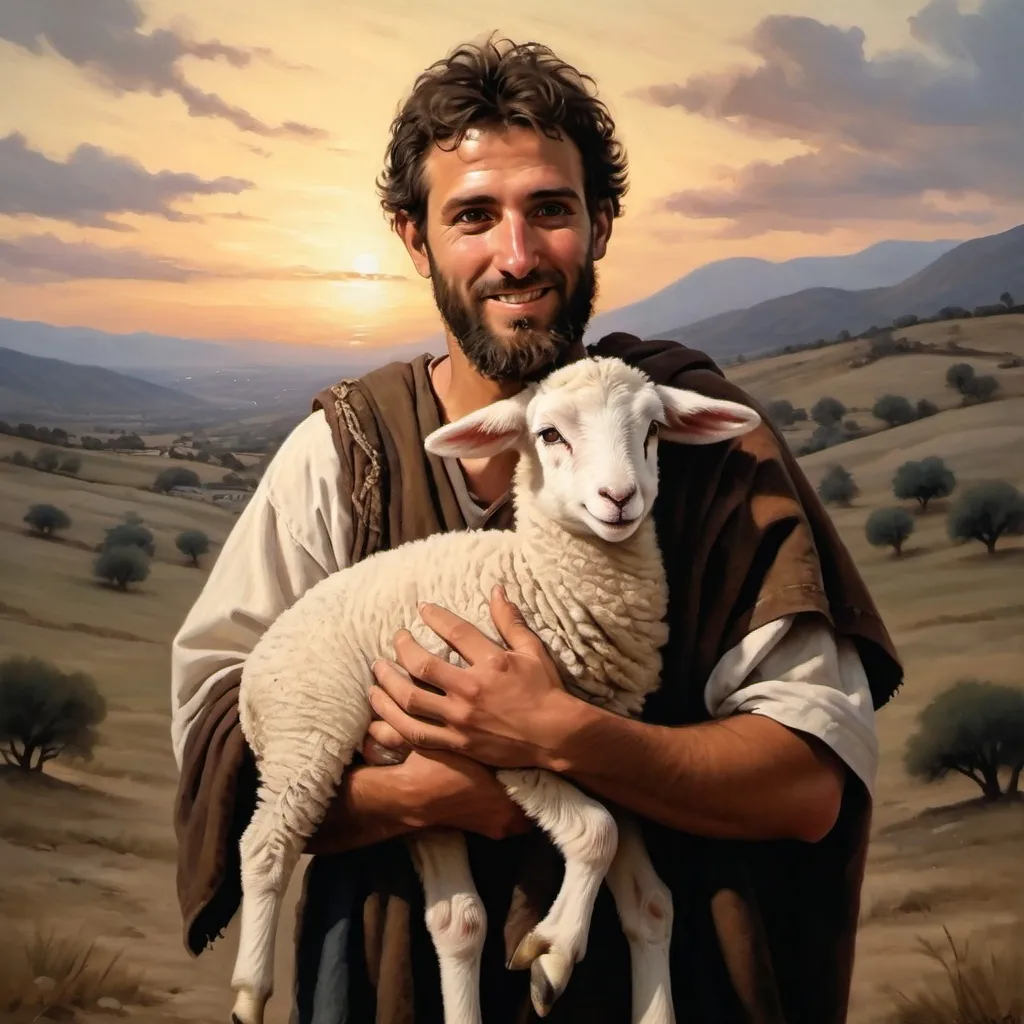 Prompt:   realistic painting of a ancient Hebrew Shepherd carrying one baby lamb on his shoulders during dusk. Shephard's face expresses joy. The baby lamb looks peaceful  and secure