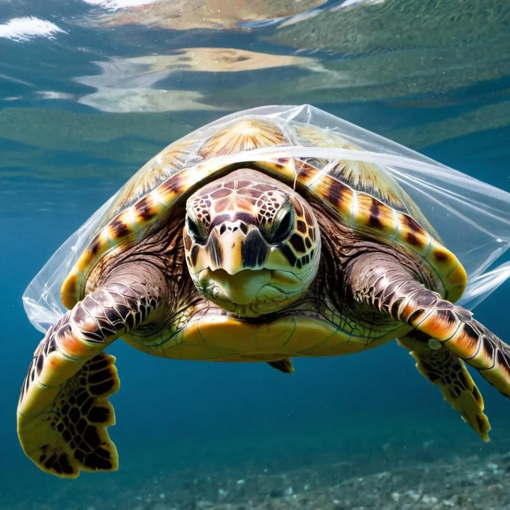 Prompt: Image of sea turtle entangled in plastic.