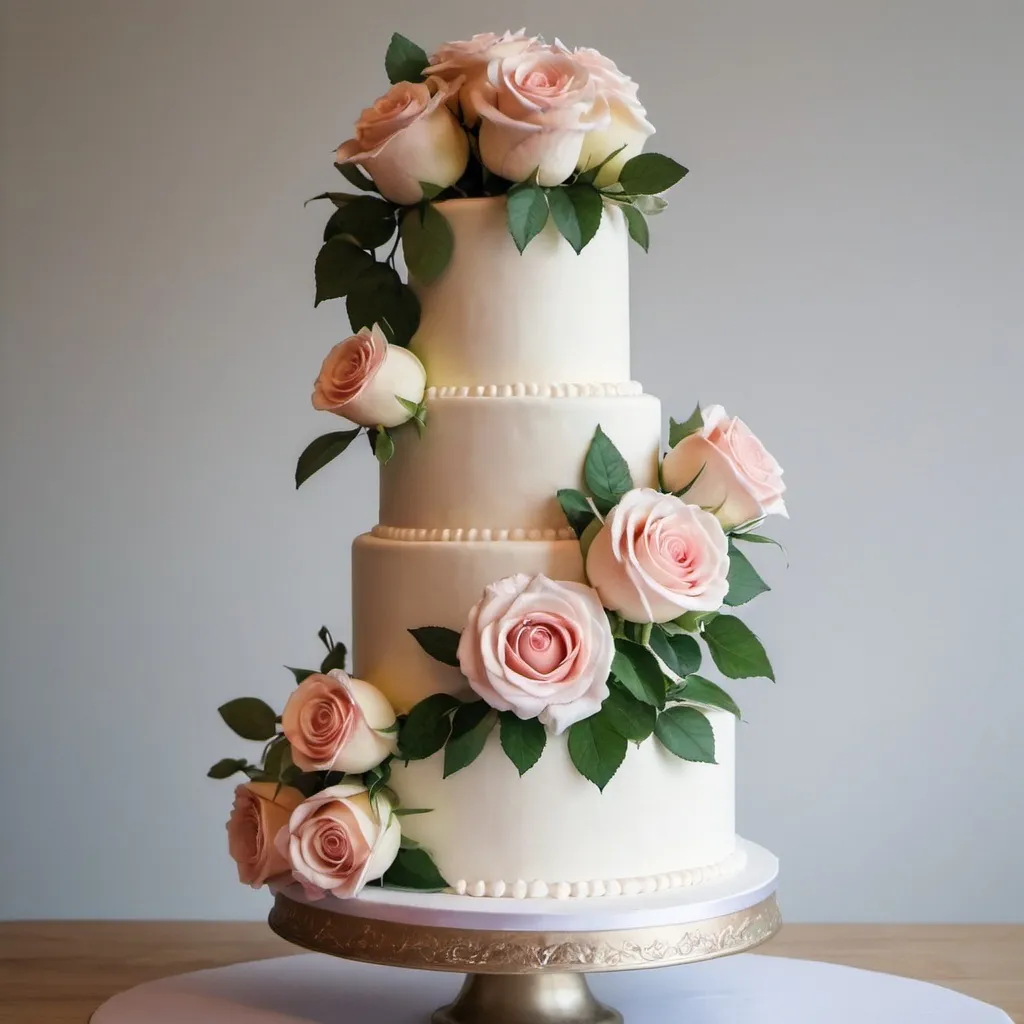 Prompt: Beautiful 3 tiered wedding cake with roses, leaves and filler flowers