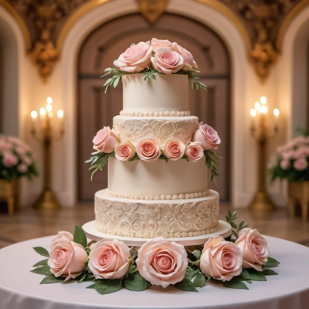 Prompt: Beautiful 3 tiered wedding cake with roses, leaves and filler flowers