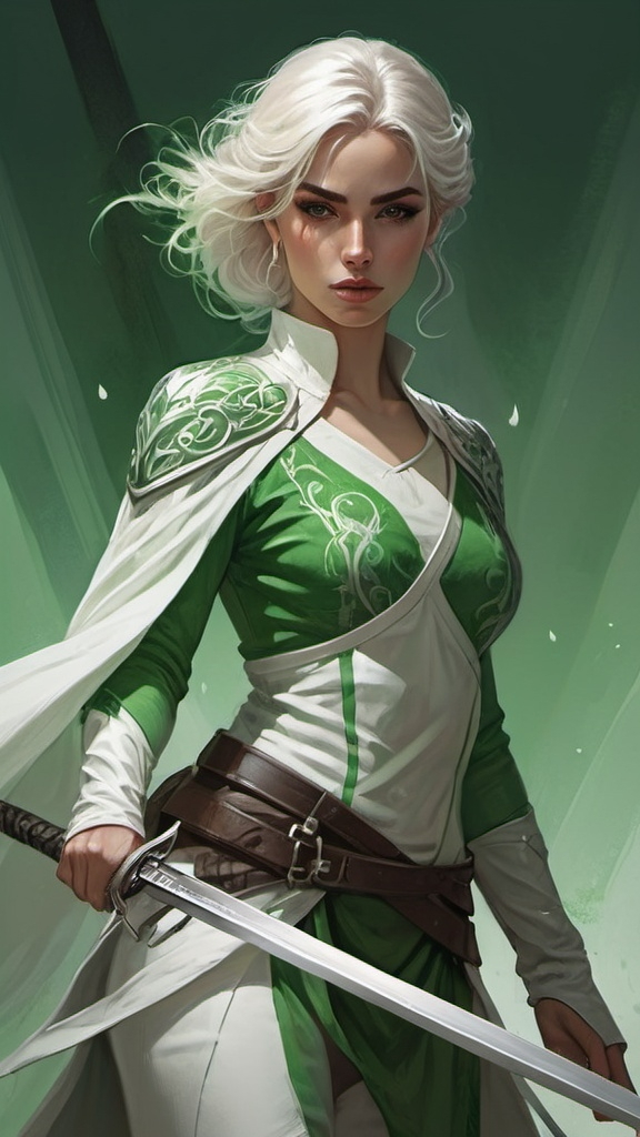 Prompt: a woman in a white and green outfit holding a sword and a sword in her hand, with a green and white outfit on, Charlie Bowater, fantasy art, epic fantasy character art, a detailed painting