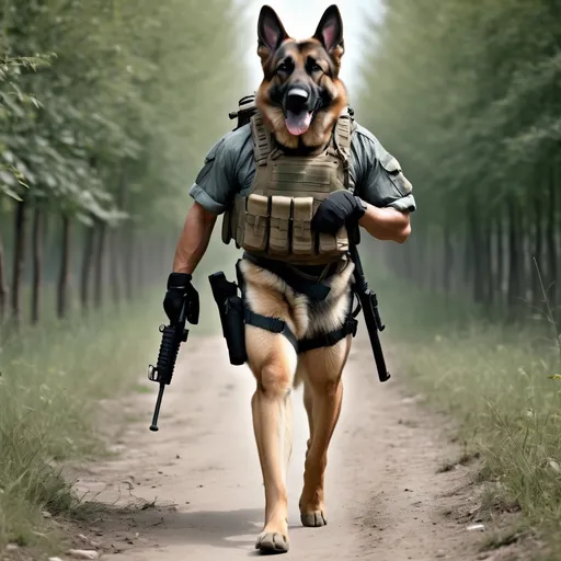 Prompt: German SHepherd walking in a human body military special forces with rifle walking towards camera  uhd