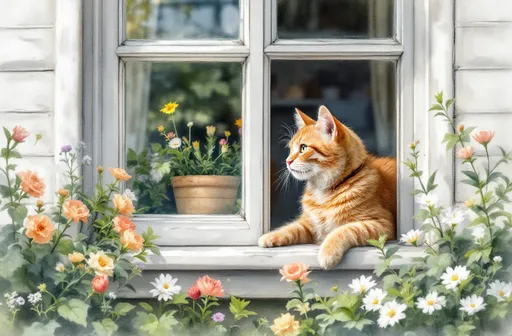 Prompt: (Close up of an orange friendly cat sitting in a window sill of an English cottage) watercolor, life like, high detail, summer, flowers, calm, cozy
