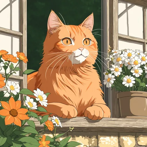 Prompt: (Close up of an orange friendly cat sitting in a window sill of an English cottage), anime style, summer, flowers, calm, cozy