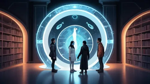 Prompt: futuristic digital transform library whit a group of people from historically
marginalized groups beeing skill enhancment by an hologram IA penguin. and a background dimensional portal whit a couple of penguin holograms welcoming a girl coming out from the portal 