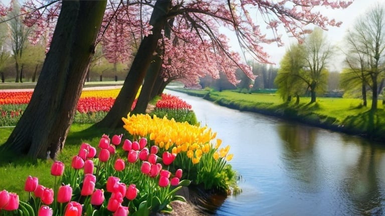 Prompt: spring tulips, trees, sunshine, river