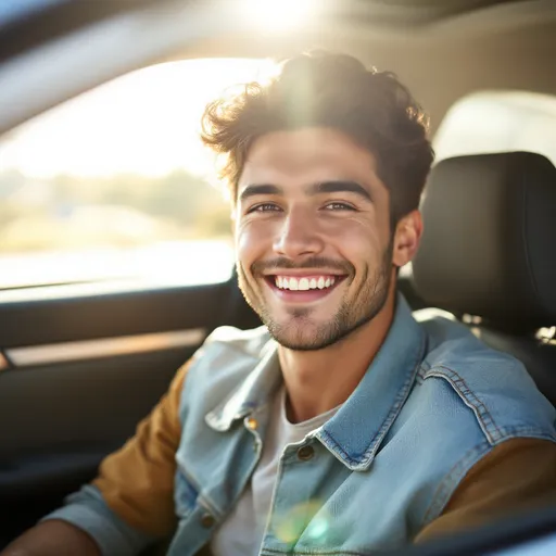 Prompt: Seated in a car, a young man beams with a cheerful smile, exuding a relaxed and approachable demeanor. He wears a light denim jacket with contrasting sleeves, adding a trendy flair to his casual look. Sunlight filters through the car window, casting a warm glow across his features and the interior, which is complemented by a soft focus on the background of the outside scene, indicating a bright and clear day. The composition captures a moment of carefree joy, inviting viewers to share in the positivity of the moment as he enjoys a pleasant encounter or journey.